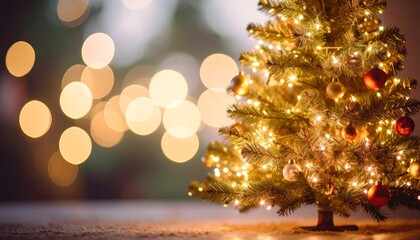 brightly illuminated Christmas tree adorned with bokeh lights