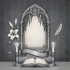 Gothic altar scene with open book, candles, and lilies on grey background  