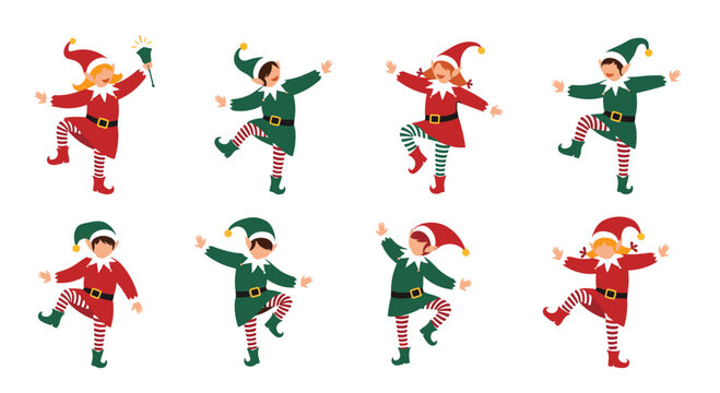 Cute little elves dancing and celebrating the holiday spirit.