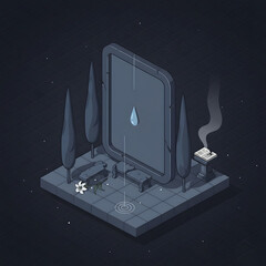 Isometric garden scene with digital screen and rain effect  