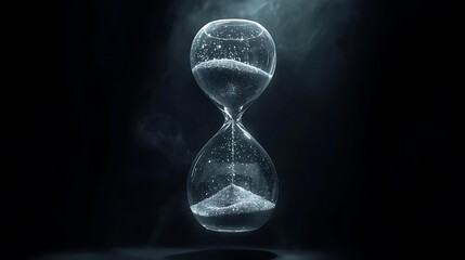 An ethereal hourglass filled with shimmering sand floats in a dark, smoky void, symbolizing the passage of time.