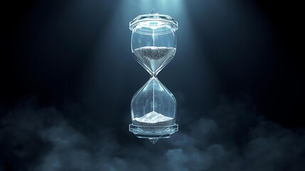 An ethereal hourglass with shimmering sand suspended in a mystical, smoky atmosphere under a dramatic spotlight.