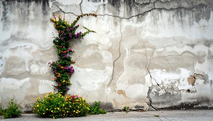 Colorful vines climbing cracked wall