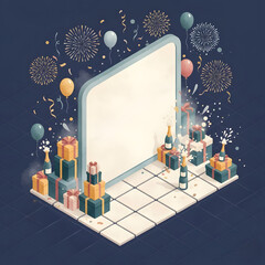 Celebration scene with gifts, balloons, and fireworks on blue background  