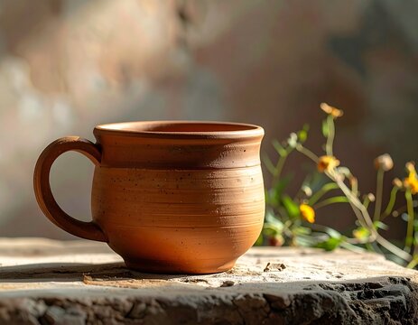 Mockup de taza arcilla sobre fondo r&uacute;stico, iluminaci&oacute;n suave, estilo minimalista, espacio en blanco para dise&ntilde;o personalizado