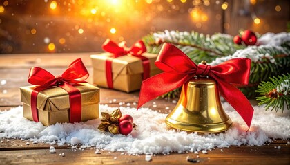 Elegant Christmas Desk Scene with Golden Bells and Gifts