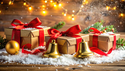 Elegant Christmas Holiday Desk Scene with Snow and Golden Bells