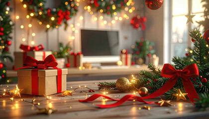 Cozy Christmas Office with Festive Decorations and Glowing Lights