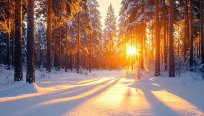 Serene Winter Forest with Sunlight Shining Through Snowy Trees