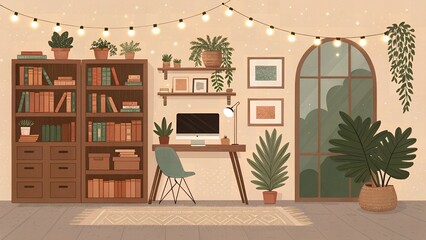 Cozy home office with bookshelves desk plants and warm string lights