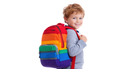 A cheerful child wearing a colorful backpack, smiling and looking back at the camera.