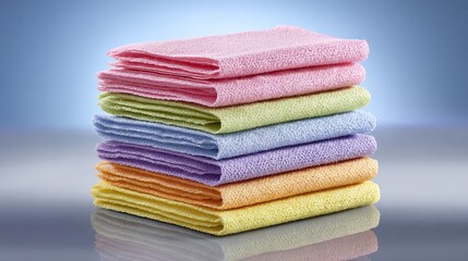 Stack of colorful, soft towels. Pastel colors, including pink, yellow, green, blue, purple and orange, arranged in neat layers on reflective surface.