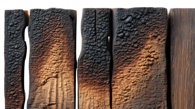 Charred Wood Texture: A collection of charred wood planks showcases intricate textures and contrasting shades, a captivating display of the raw power of fire and the natural beauty of wood. - Powered by Adobe