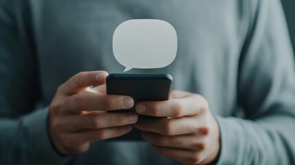 A person holding a smartphone with a speech bubble graphic above, symbolizing communication and digital interaction.
