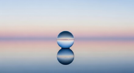 Crystal ball captures serene landscape reflection at sunset
