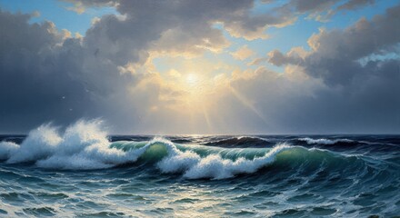 Sunlight breaking through dramatic clouds over a vibrant ocean sea