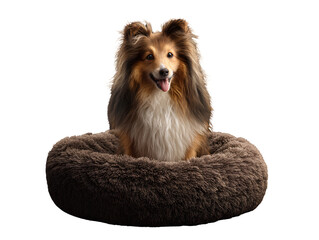 Obraz premium Long-haired Sheltie dog sitting upright in a cozy round dog bed, realistic 3D render, isolated on transparent background PNG