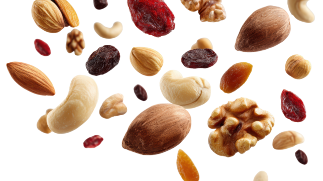 Assorted nuts and dried fruits on a white isolated background, healthy snack options.