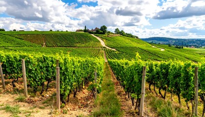 Fototapeta premium Lush green rows of grapevines stretch across a hillside under a cloudy blue sky, with a small building visible on the peak