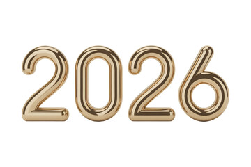 Golden 3d numbers representing the year 2026 on a transparent background