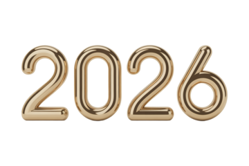 Golden 3d numbers representing the year 2026 on a transparent background