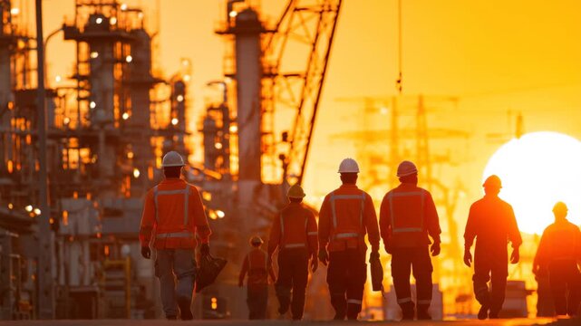 Crew members stroll back after a long shift at an industrial facility as the sun sets, creating a vibrant orange backdrop. The scene captures the dedication of the workforce in action
