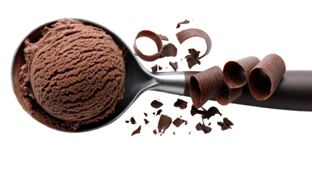 Chocolate ice cream scoop in a silver spoon with chocolate curls and shavings on a black background.