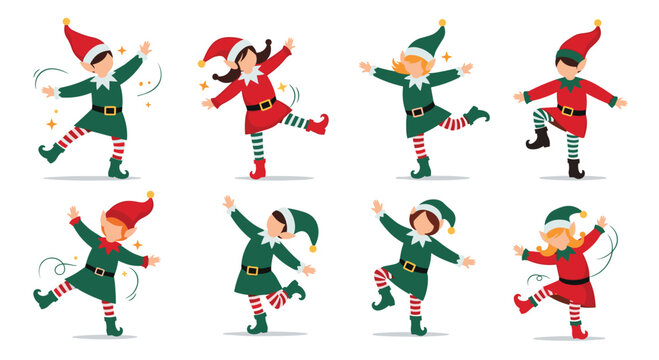 Cheerful elves dancing and celebrating during the holidays.