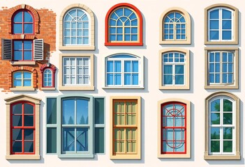 Obraz premium A collection of stylized windows, various shapes and sizes, showcasing different architectural styles, landscape, windows illustration