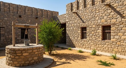 Stone Well and Buildings in a Desert Courtyard.