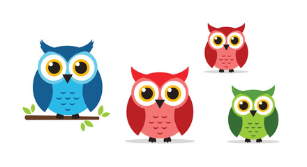 Obraz premium A charming collection of colorful cartoon owls perched on a white background.