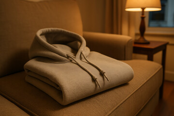Fleece Hoodie Mockup Folded on Couch with Cozy Zoom Angle – Warm Indoor Setting