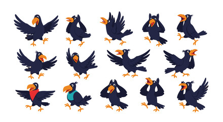 Obraz premium A collection of funny cartoon crows performing various quirky and expressive actions.