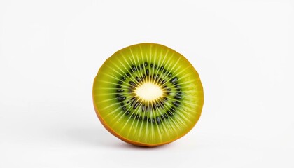 A single, vibrant kiwi fruit, perfectly in focus against a pure white backdrop,  nature photography,  product shot