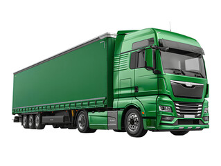Modern European Green Semi-Truck with Cab and Trailer, Front Side View, Isolated on Transparent Background.png
