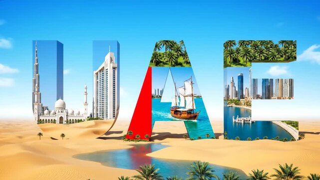 UAE Landmarks 3D Text in Desert - The letters UAE are formed from video of iconic landmarks and landscapes of the United Arab Emirates, set against a desert backdrop.