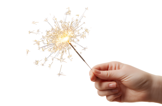  hand holding a sparkler isolated on a transparent background, png. png format with a white background and no text or images in the center of it