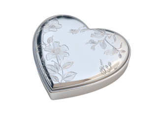 Minimal silver heart-shaped picture frame with delicate floral etching, top-down 3D render, isolated on transparent background PNG