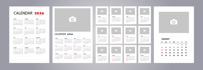 2026 year Calendar. Classical, minimalistic, simple design. White background. Vector Illustration. 2026 Year Simple Calendar Template with Space for Logo, Illustration or Photo. 