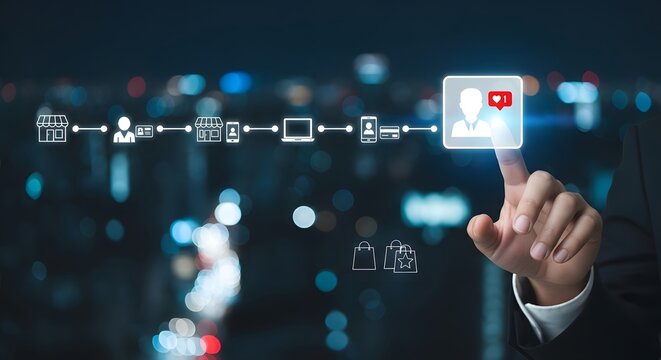 Businessman touching a digital interface showing a customer journey map with icons representing different stages of interaction