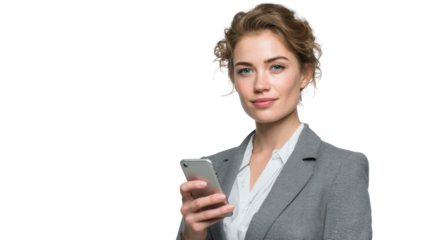 Confident businesswoman holding smartphone with a purposeful expression, white isolate background.