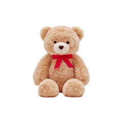 Fototapeta premium A cut-out fluffy teddy bear with soft fur, adorned with a red bow, sits against a transparent background. 