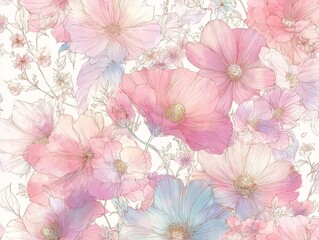Delicate watercolor seamless pattern with chrysanthemums, daisy, wildflowers in romantic, dreamy spring tones