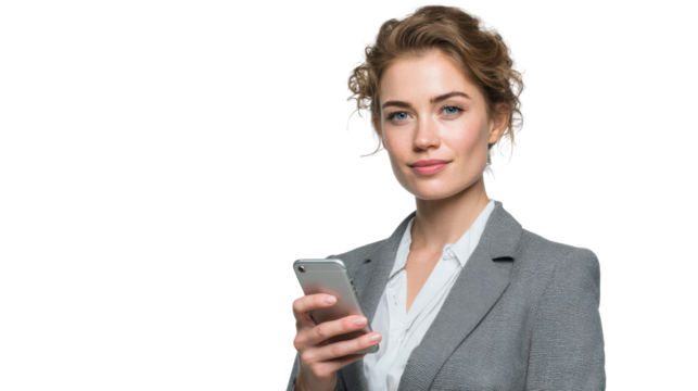 Confident businesswoman holding smartphone with a purposeful expression, white isolate background.