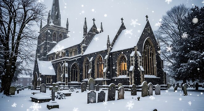 Snow-covered church and graveyard in winter wonderland. - Powered by Adobe
