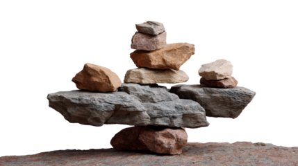Balanced Stone Structure: The serene artwork shows a precarious, yet stable, arrangement of rocks that celebrates the essence of balance, tranquility, and natural artistic formation.