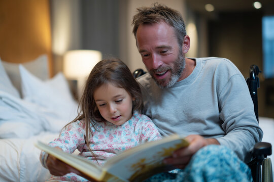 Father in wheelchair reading bedtime story to daughter in bedroom, intimate family scene,  - Powered by Adobe