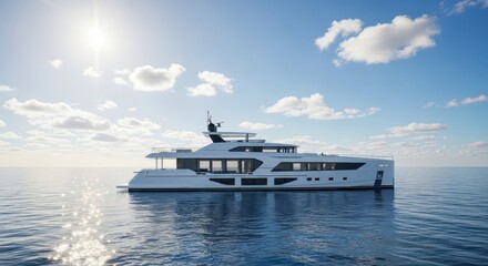 Modern Luxury Yacht Sailing in Calm Ocean Waters Under a Sunny Sky