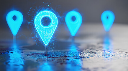 Digital navigation holographic blue map pin icons on a futuristic interface displaying locations