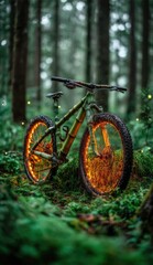 Fototapeta premium A mountain bike, crafted from bamboo, rests amidst a lush forest, illuminated by warm orange lights on its wheels.